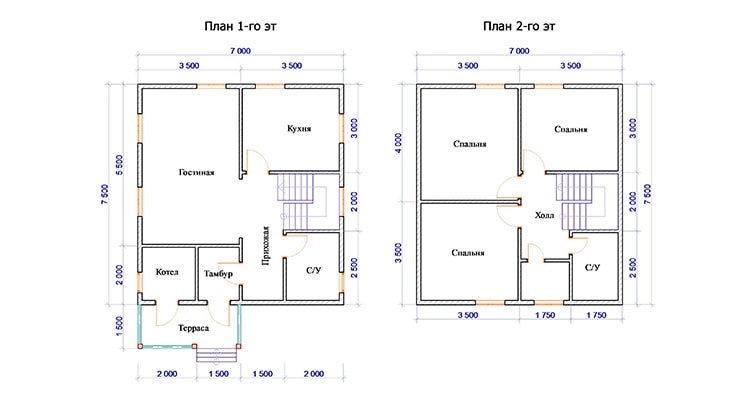 План дома 2 этажа 7 на 7
