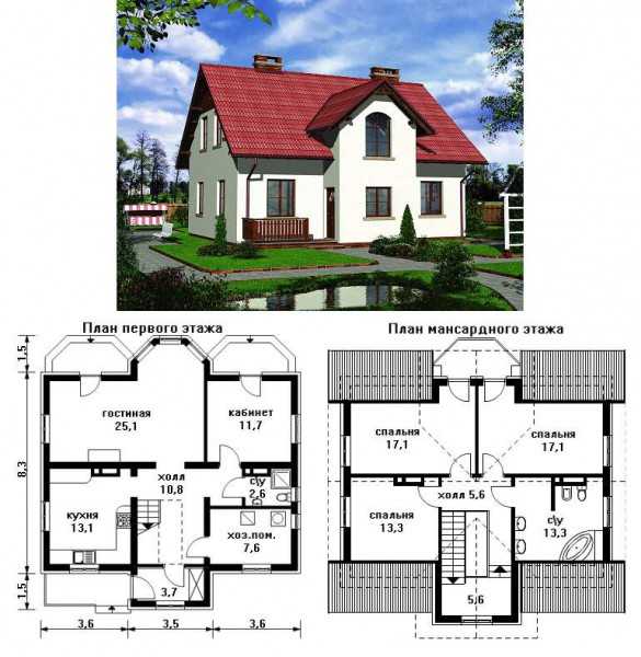 План двухэтажного дома с мансардой