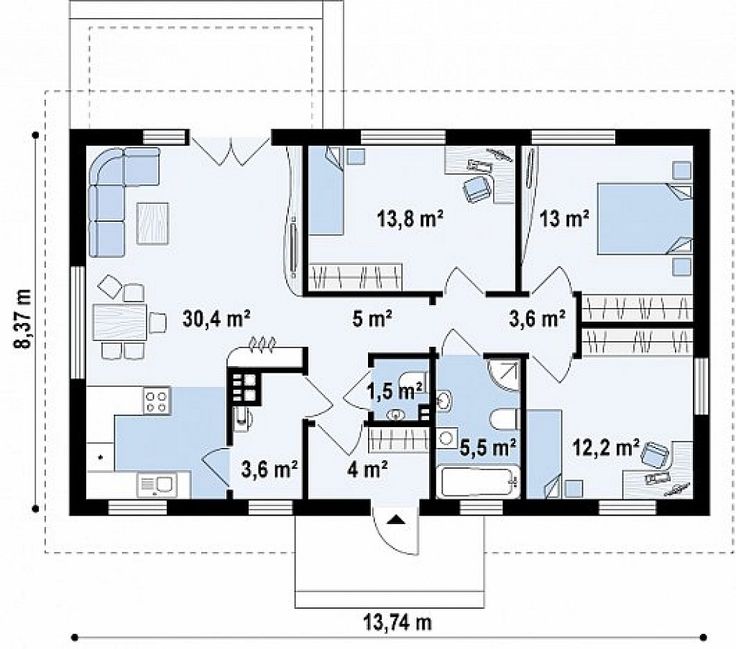 Планировка дома 12 на 14 одноэтажный с тремя спальнями