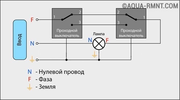 Схема двухклавишного переключателя с 2 мест