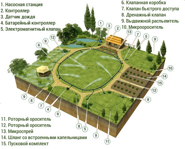 Схема устройства автополива газона