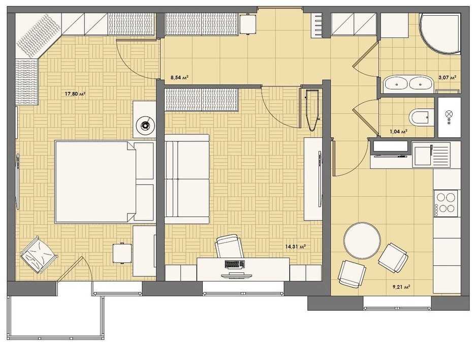 Готовый дизайн проект двухкомнатной квартиры 44 кв м