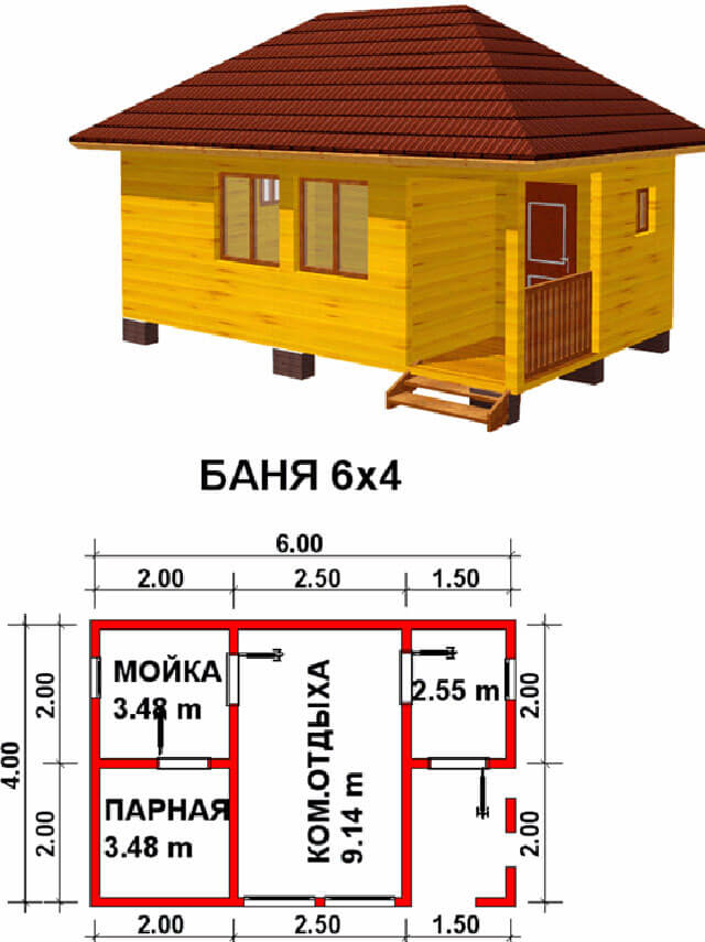 План бани 6х4 из бруса