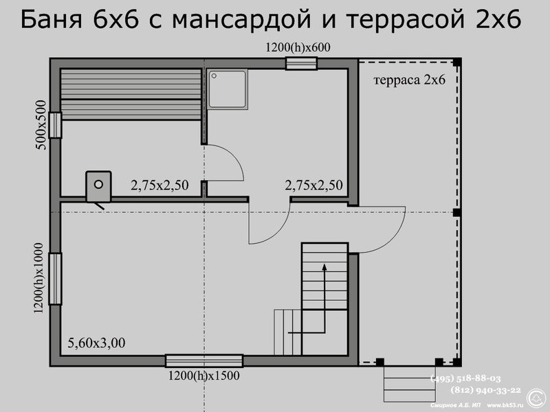 Проект бани 6х6 со вторым этажом