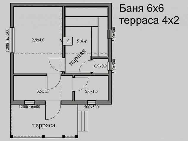 Проект бани 6 на 6 с террасой из газобетона