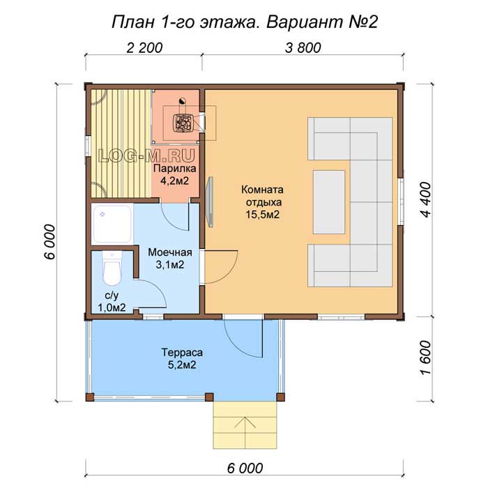 Планировка бани 6х6 с туалетом и комнатой отдыха