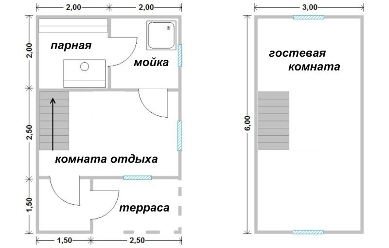 Проект бани 4 на 8 с комнатой отдыха