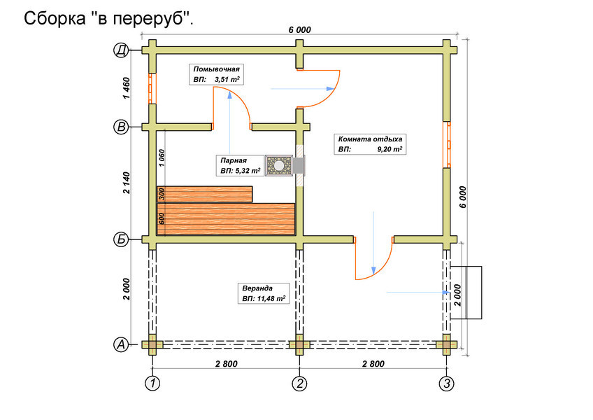 Проект бани 6 на 6 из бруса