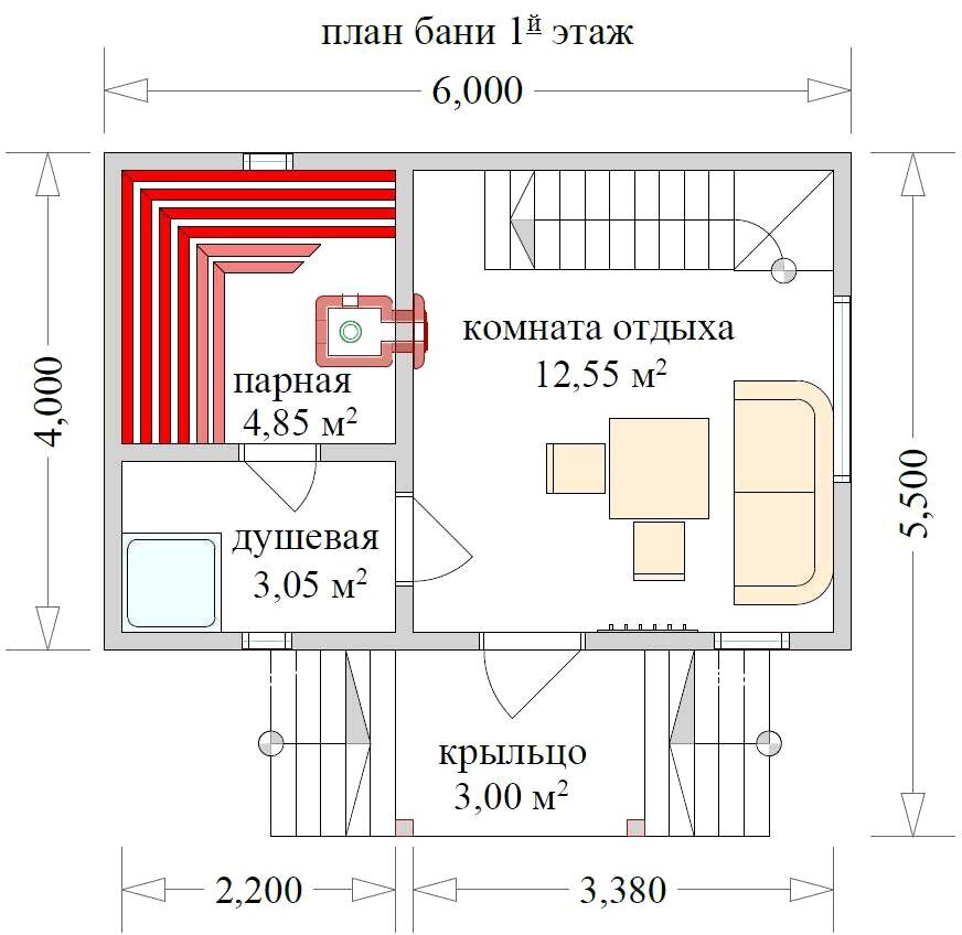 План бани 6 на 6 со вторым этажом