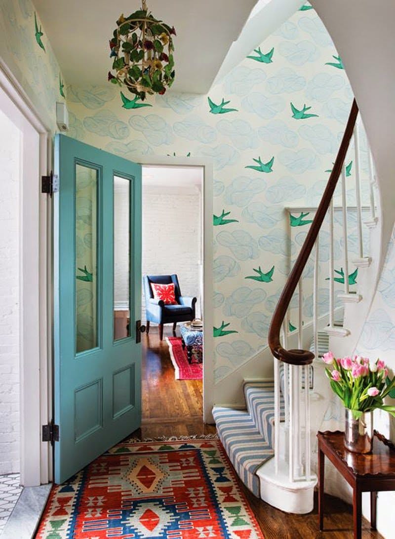 Blue and green bird wallpaper hallway