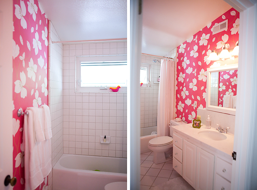 Bright pink bathroom colorful wallpaper