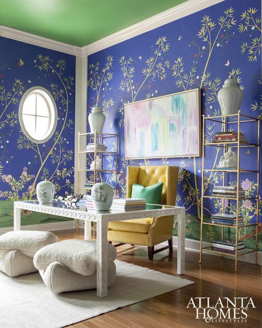 Chinoiserie blue study wallpaper