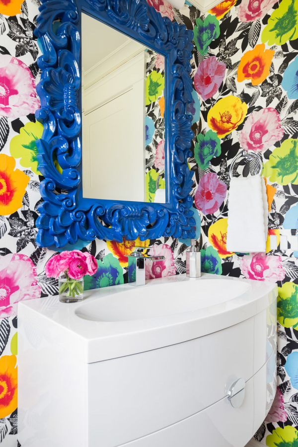 Super colorful floral bathroom wallpaper