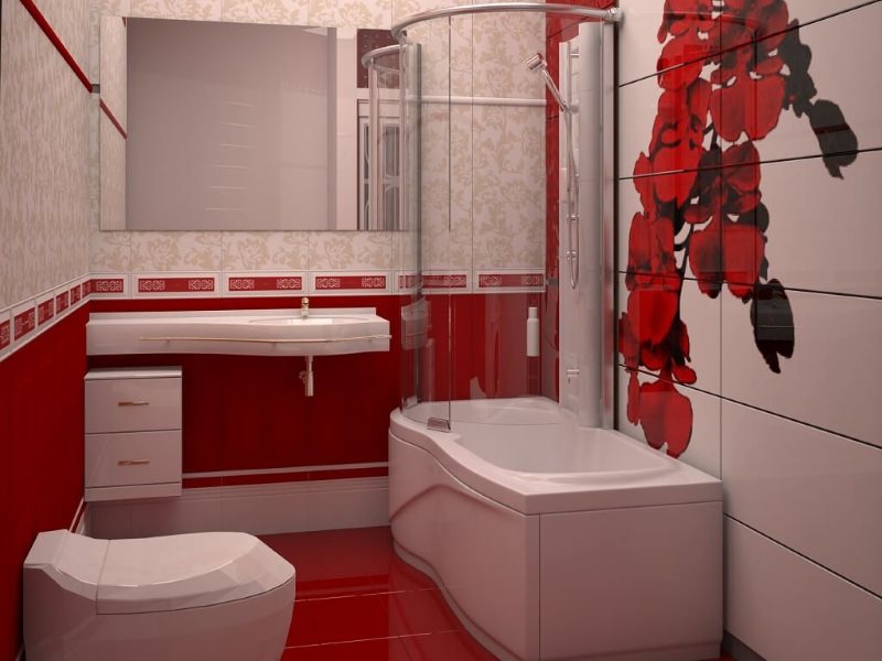 Маленькая ванна с душевой кабиной в санузле с красным полом