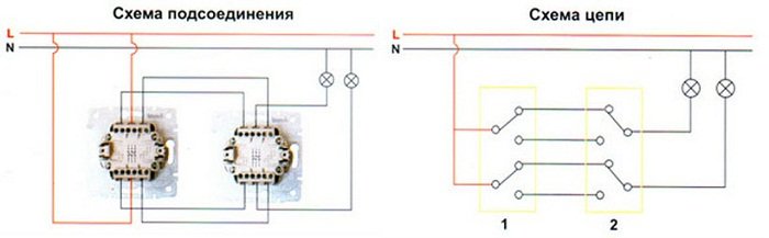 Схема подключения проходного переключателя одноклавишного с двух мест