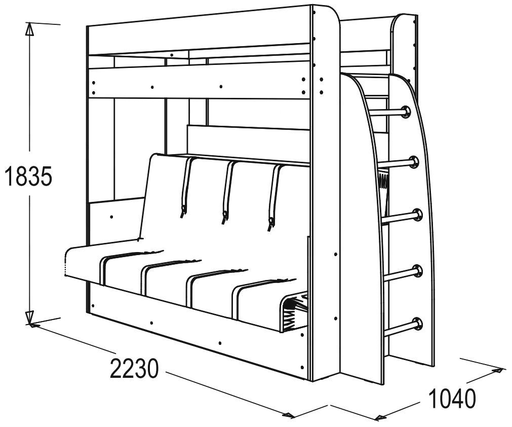Двухъярусная кровать с диваном размеры
