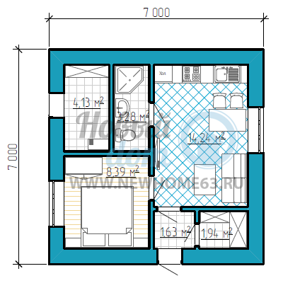 Одноэтажный дачный дом 7 на 7 метров с одной спальной и кухней-гостиной