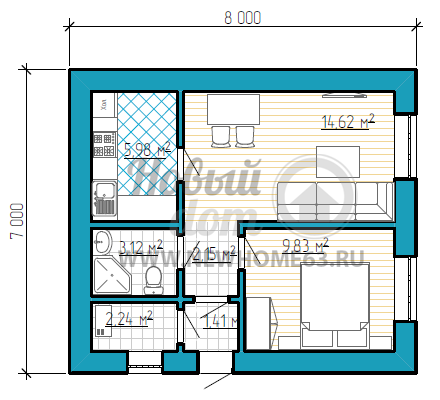 Одноэтажный частный дом размером 7 на 8 метров, с одной спальной, гостиной и кухней