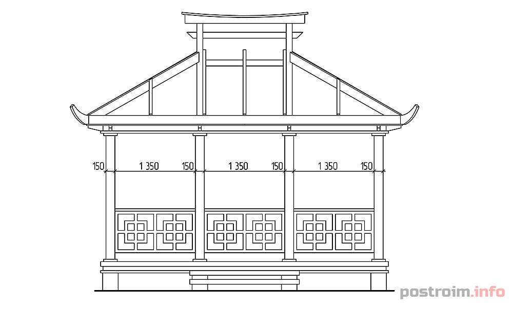Беседка в восточном стиле – проект, чертежи Главный фасад (без кровли)
