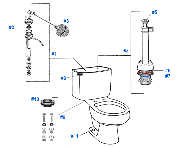 Parts diagram for Mansfield two-piece older style 3.5gpf Elm Ridge / Bar Harbor toilets
