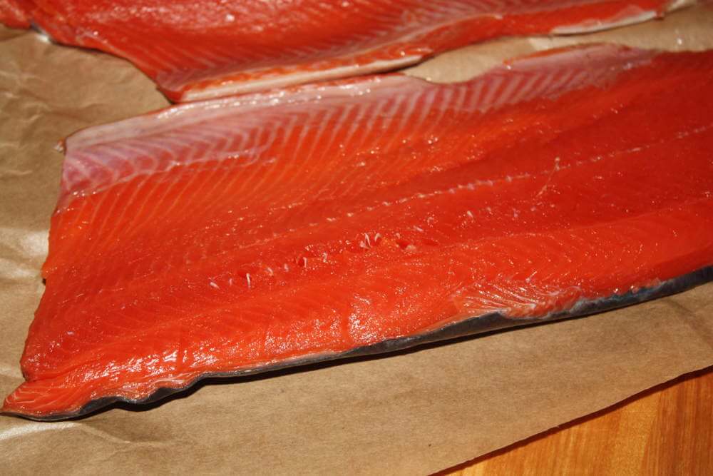 Sockeye Salmon Like This Fillet Is a Good Choice For Cold Smoking Pin Bones Remain In This Sockeye Salmon Fillet And Must Be Removed