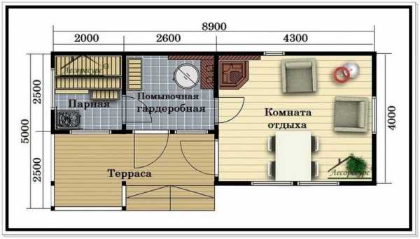 Планировка бани с кухней и комнатой отдыха