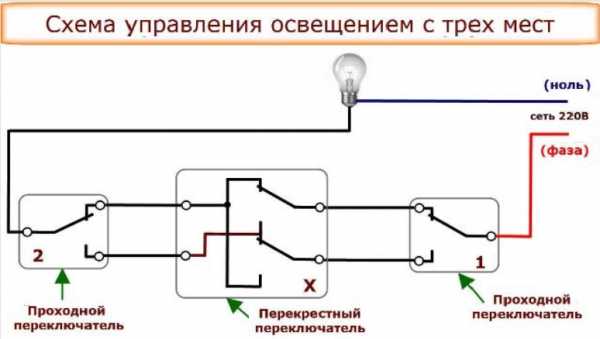 Схема освещения с двумя выключателями из разных мест подключения