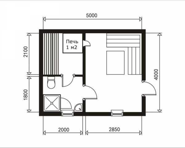 Планировка бани 5х3 мойка и парилка с комнатой отдыха