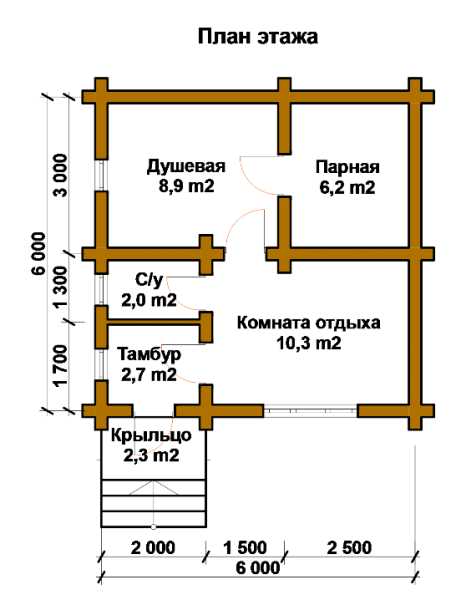 Планировка бани 6х6 с комнатой отдыха и террасой