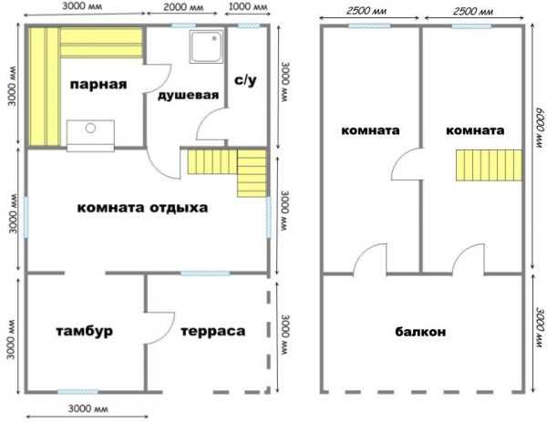 Планировка бани 6х6 с комнатой отдыха и террасой