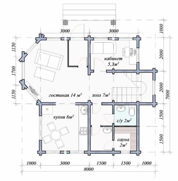 Планировка дома 7 на 8 с мебелью