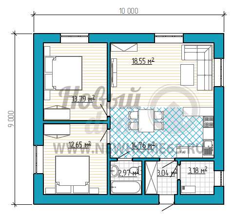 Планировка дома 9 на 12 одноэтажный с 2 спальнями и котельной