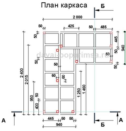 Каркас полков в парилке чертежи