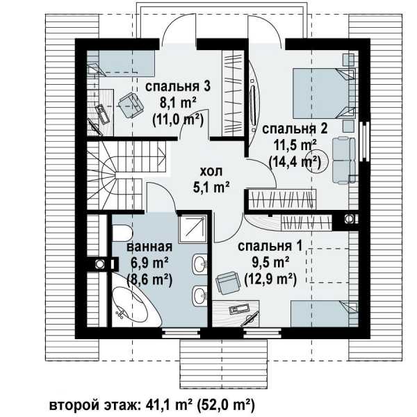 Планировка мансарды с двускатной крышей две спальни