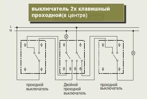 Схема двухклавишного проходного выключателя с 2х мест