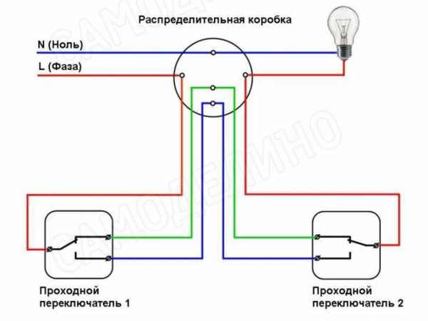 Схема подключения проходного двухклавишного выключателя с 2х мест на две лампочки