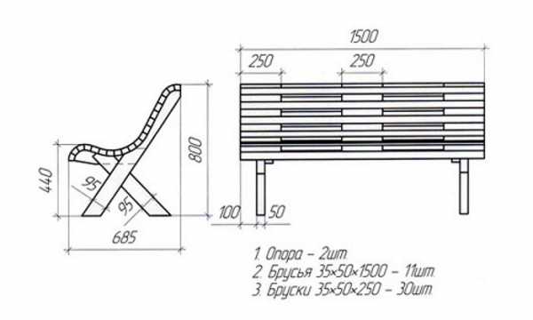 Лавка на двоих со столиком посередине чертежи с размерами