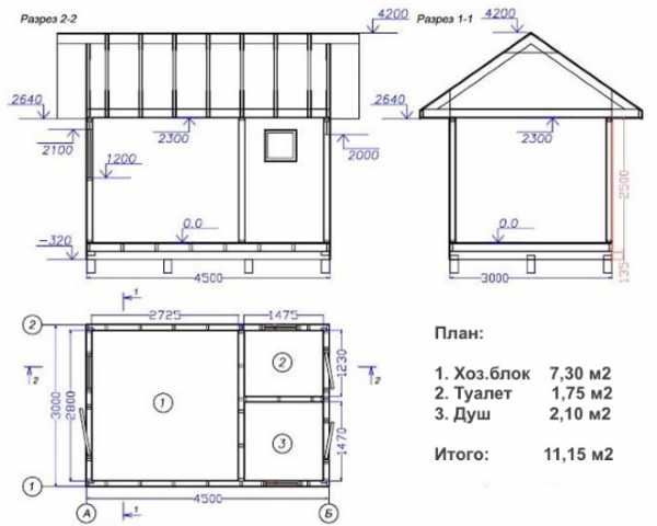 Размеры дачного туалета схема из дерева с двускатной крышей