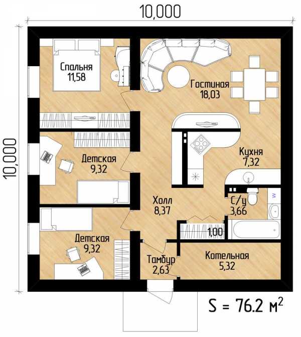 Планировка одноэтажного дома с двумя спальнями до 100 кв м