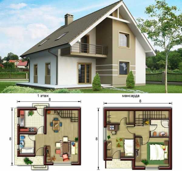 Проект дома с мансардой и двумя спальнями на первом этаже и